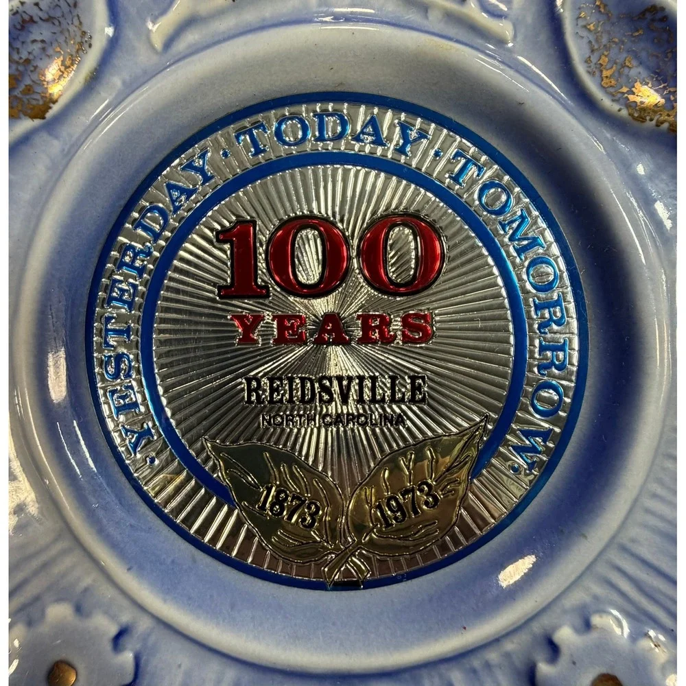 Jim Beam Reidsville NC Centennial Decanter 1873-1973 Blue Gold Vintage Ceramic